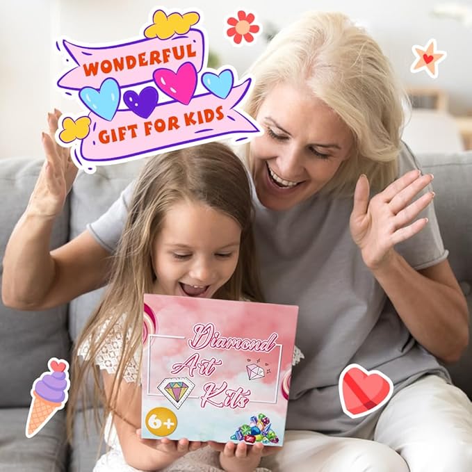 QEUOYSS Diamond Art Kit for Kids with Wooden Frame Art and Crafts for Kids Ages 6-8 -10-12 Easy to DIY Diamond Art for Kid and Adult Beginners Home Wall Decoration (Flower Fox)