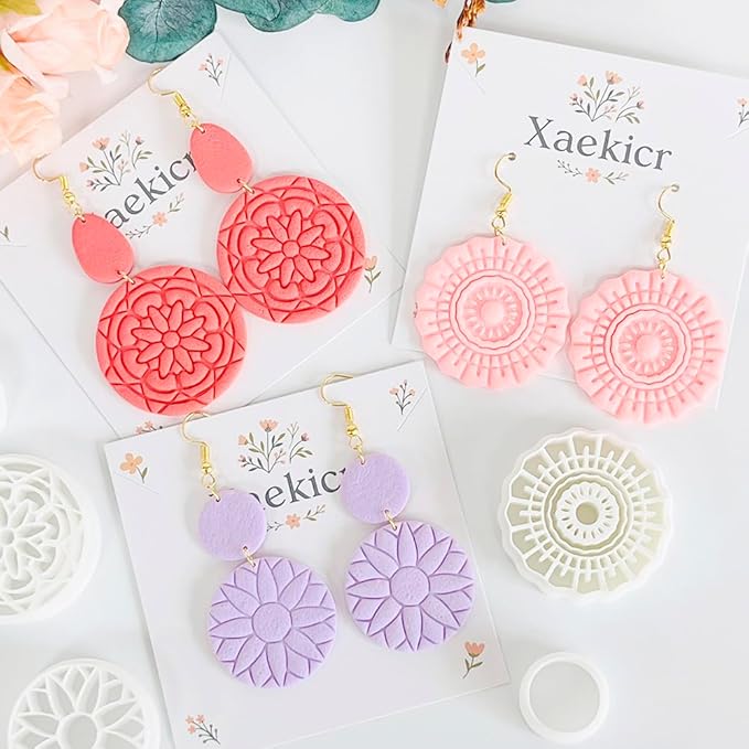 Xaekicr 5PCS Floral Polymer Clay Cutters Set - Round Clay Earring Cutters with Texture Molds for DIY Jewelry Making, Clay Tools for Earrings