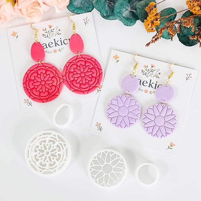 Xaekicr 5PCS Floral Polymer Clay Cutters Set - Round Clay Earring Cutters with Texture Molds for DIY Jewelry Making, Clay Tools for Earrings