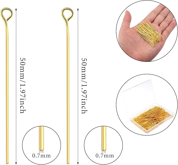 200 Pcs 50mm Straight Eye Pins for Craft Earring Bracelet Necklace Pendant DIY Jewelry Making, Gold Color