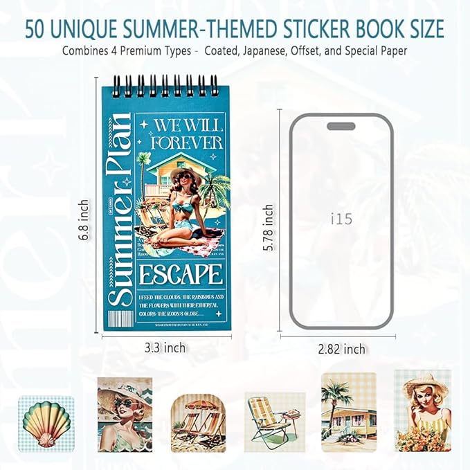 50 Sheets Precut Summer Vintage Scrapbook Stickers Book for Adults, Ephemera for Junk Journal Supplies, Antique Decorative Collage Stickers for Journaling, Scrapbooking, Scrap Book, Craft Arts