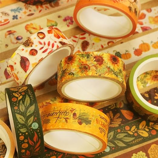 Autumn Washi Tape Set 10 Rolls - Autumn Leaves Pumpkin Sunflower Fall Decorative Tape for Bullet Journal, Planner, DIY Arts Crafts, Scrapbooking