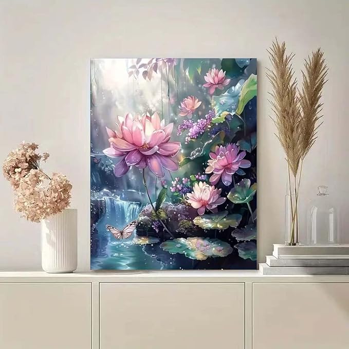 SHICERNHJ 5D Diamond Art Kits for Adults,Lotus Flower Diamond Painting Kits for Beginners,DIY Full Drill Diamond Dots Scenery Paintings with Gem Art Crafts for Adulta Home Decor 12 x 16 inch