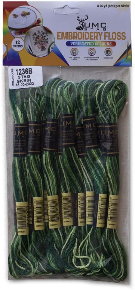 Pack of 12 Premium Embroidery Thread | 100% Egyptian Cotton Premium Skeins | Cross Stitch Embroidery Floss | Oeko TEX Certified Stranded Cotton | (Green Variegated 1236)