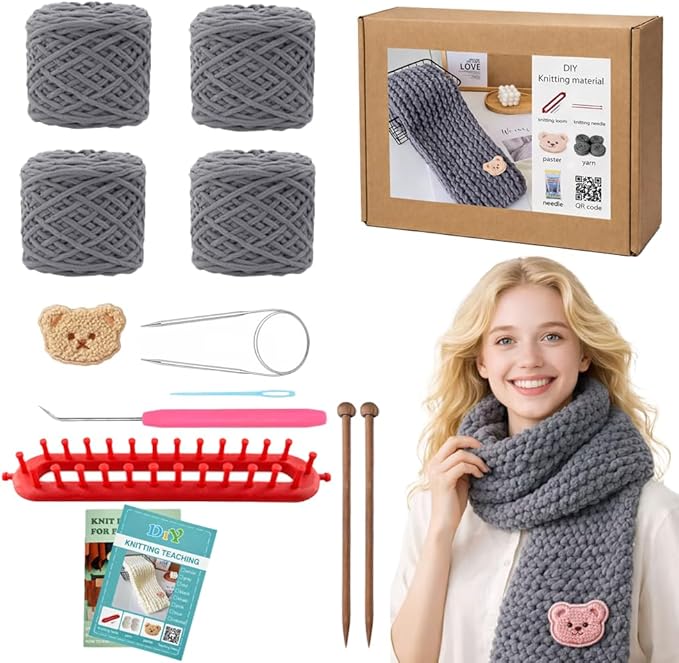 Novelchet Knitting Loom Kit for Scarf, Easy Knitting Set Including Knitting Needles Set Plush Yarn, Learn to Knit kit with Instructions