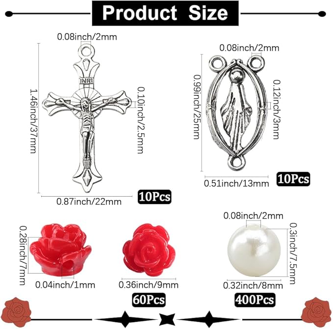 SUNNYCLUE 480Pcs Rosary Making Kit Crucifix Rosary Charms Crucifix Pendants Easter Cross Link Charms Red Rose Flower Bead Imitation Pearl Beads for Jewelry Making Supplies DIY Necklace Bracelet