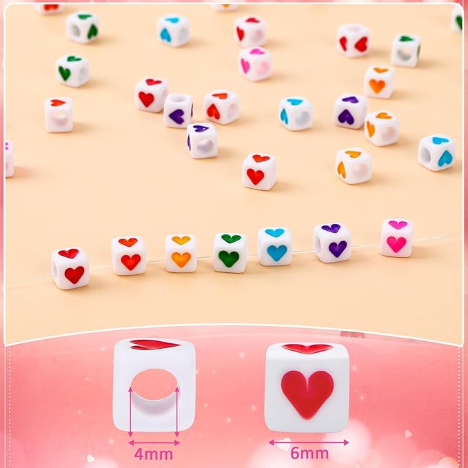 Augshy 1400Pcs Acrylic Colorful Heart Square Cube Beads for Bracelets Necklaces Phone Lanyard Making with 1 Roll Crystal String Cord for Jewelry Making(6mm)