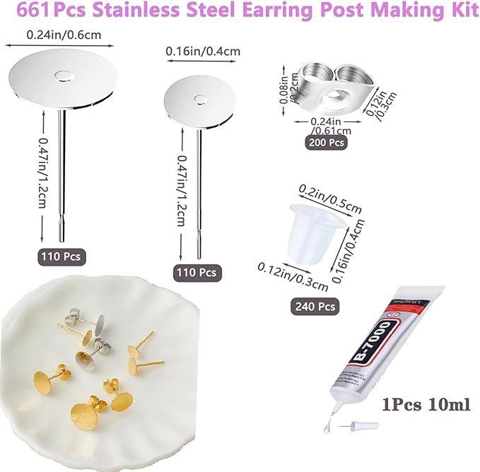 661pcs earring posts with jewelry glue,stainless steel jewelry making hypoallergenic earring posts and backs,stud earrings with butterfly rubber earring backs diy making findings