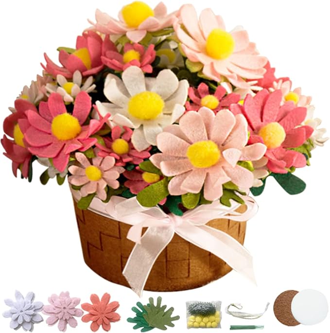 BAZIMA ALICE DIY Felt Flower Art Craft Kit, DIY Daisy Pot Bonsai Kit, 33 Daisies, Floral Gifts, Beginner Craft Kit, Arrange Pre-Cut Flowers and Foliage