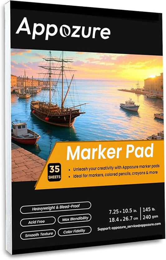 240GSM Bleedproof Sketch Pad for Markers, Acid-Free Heavyweight Smooth Drawing Papers, 7.25×10.5 Inch Glue-Bound, 35 Sheets/70 Pages, Ideal for Beginners, Artists, Kids, Adults, Dry Media, Gifts