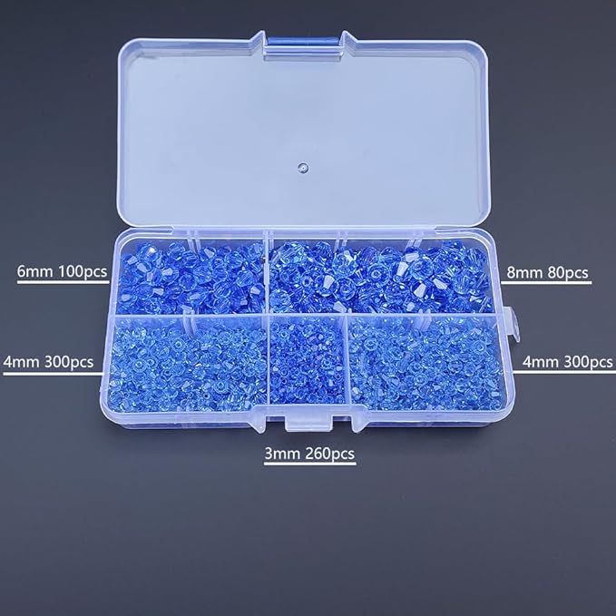 Light Blue Bicone Glass Beads for Jewelry Making, Faceted Crytal Spacer Beads for Bracelet Necklace Earring (3mm 4mm 6mm 8mm Mixed Sizes, 1040pcs)