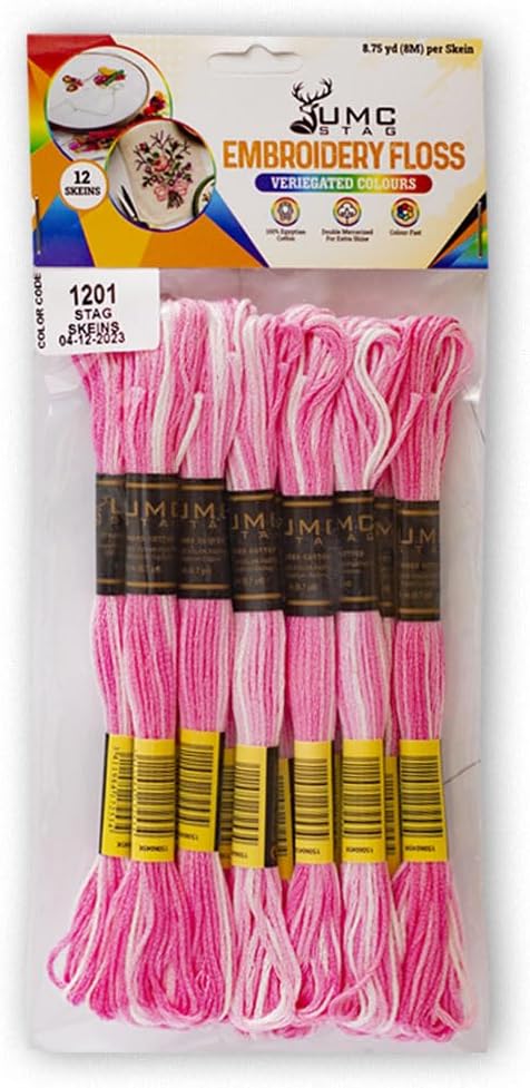 Pack of 12 Premium Embroidery Thread | 100% Egyptian Cotton Premium Skeins | Cross Stitch Embroidery Floss | Oeko TEX Certified | Ideal for Arts & Crafts (Light Pink Variegated 1201)