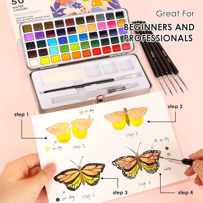 grabie 50 colors watercolor paint set, detail paint brush included, watercolor paints, painting sets, art supplies for painting, travel watercolor set, amateur hobbyists