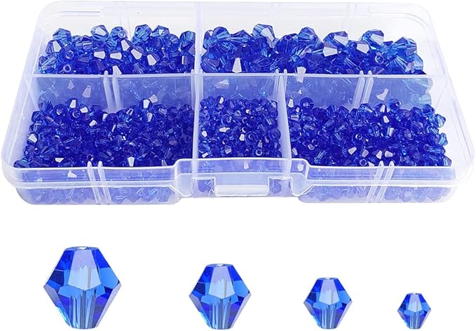 Sapphire Blue Bicone Glass Beads for Jewelry Making, Faceted Crytal Spacer Beads for Bracelet Necklace Earring (3mm 4mm 6mm 8mm Mixed Sizes, 1040pcs)