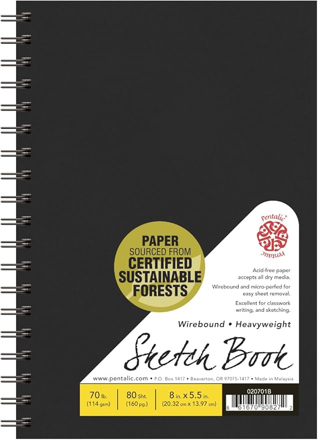 Pentalic - 5.5"x 8" Black Wirebound Sketchbook, 80 Sheets