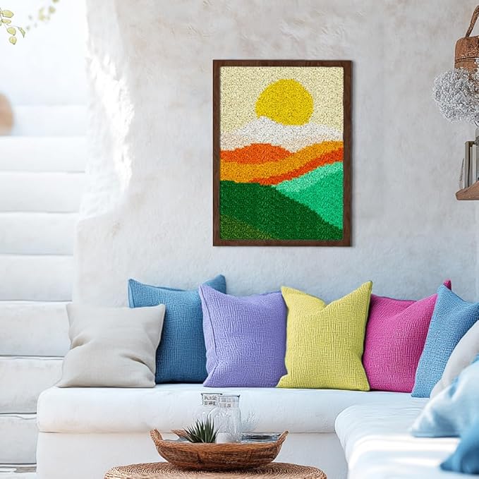 ORIGACH Landscape of Sunset Mountain Latch Hook Rug Kits, Color Stamped Grid Cloth Handmade Rug, Pattern Printed Carpet Kit, DIY Crochet Rug for Adults Home Decoration Festival Gifts 52 x 38 cm