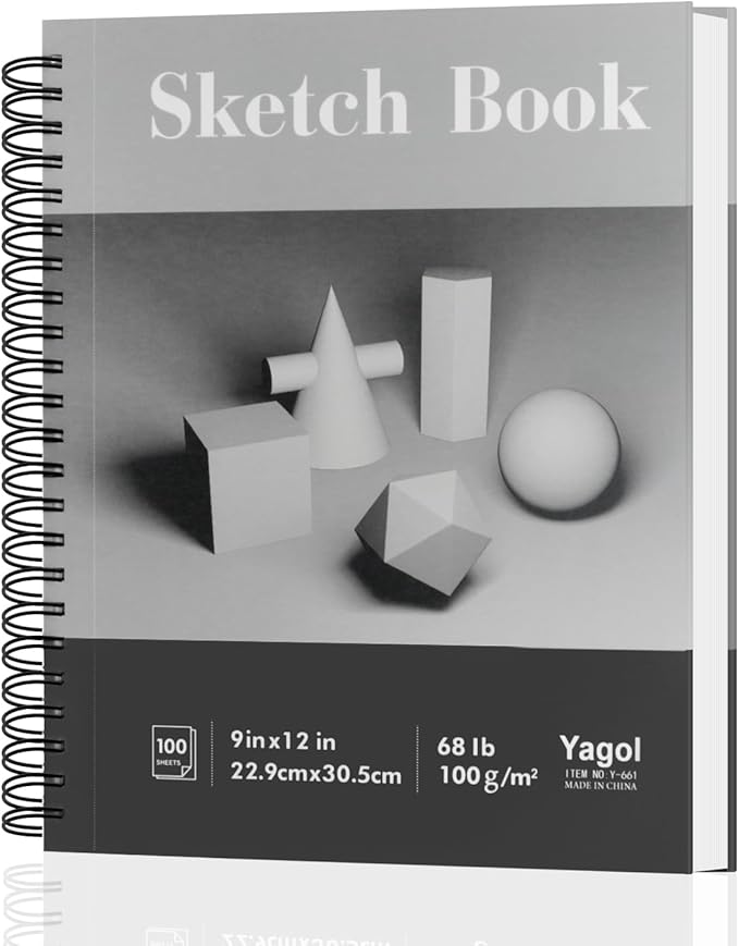 yagol sketch book 9x12 inch 100 sheets 68lb/100gsm, sketch pad with spiral-bound art paper for drawing and painting for pencils, charcoal, dry media