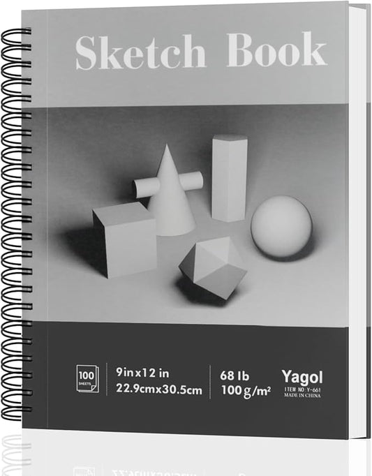 yagol sketch book 9x12 inch 100 sheets 68lb/100gsm, sketch pad with spiral-bound art paper for drawing and painting for pencils, charcoal, dry media