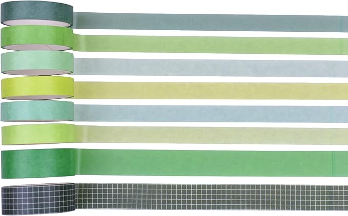 8 Rolls Washi Tape Set Basic Solid Color Green Plaid Grid Adhesive Decoration Label Masking Tapes for DIY Journaling Scrapbook Planners Art Craft Album Scrapbooking Collage Water Bottles