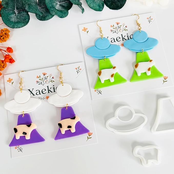 Xaekicr UFO Cow Polymer Clay Cutters Set - 3Pcs Alien Theme Clay Cutters for Earrings, Polymer Clay Molds, Halloween Clay Tools