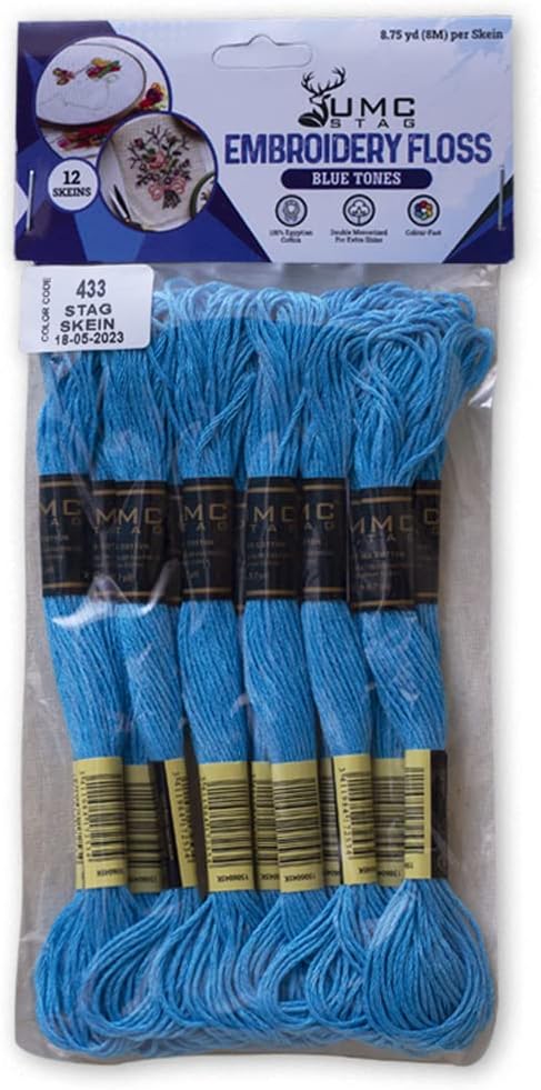 Pack of 12 Premium Embroidery Thread | 100% Egyptian Cotton Premium Skeins | Cross Stitch Embroidery Floss | Oeko TEX Certified Stranded Cotton | Ideal for Arts & Crafts (Electric Blue 433)