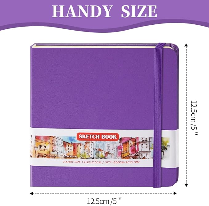 Square 5x5 inches 80gsm 96sheets/192 Pages Notebooks Blank Sketchbooks Travel Journal Pocket Hardcover Paint Writing Diary Memo Planner PU Leather Cover. Purple