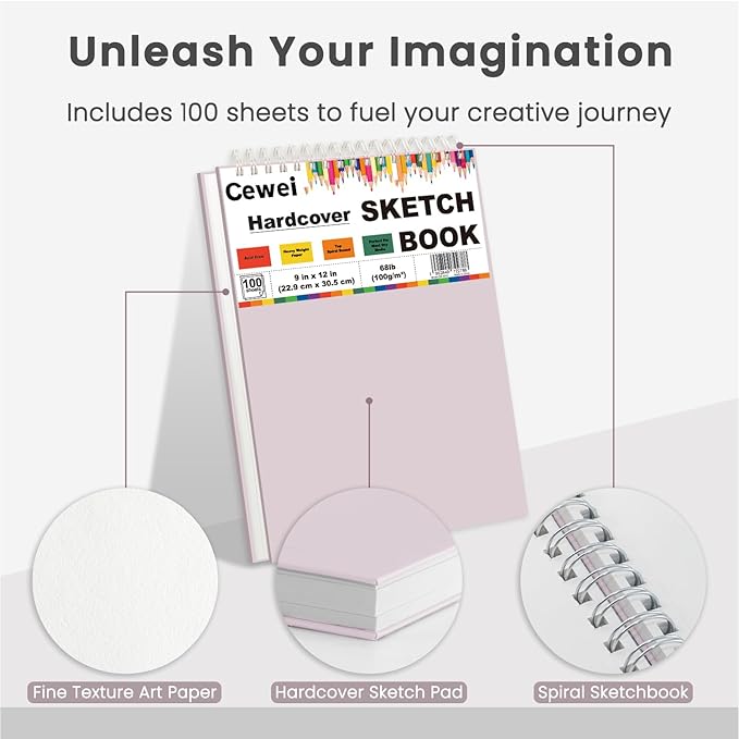 cute sketch book for kids ages 8-12 girls, 1 pack-100 sheets purple sketch book 9x12, 68lb/100gsm cute sketchbook for girls, spiral sketch pads for drawing, art supplies for teens.