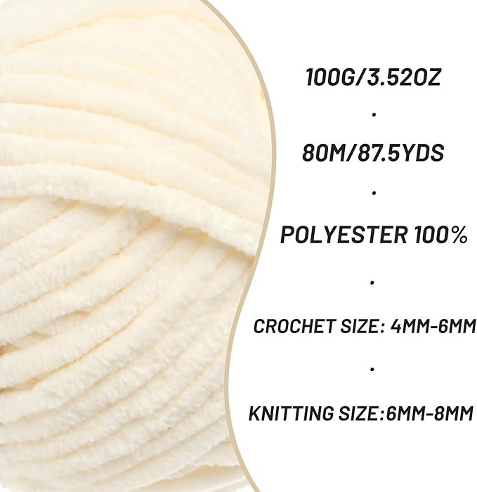 2 Pack Chunky Chenille Yarn for Crocheting, Baby Yarn for Crocheting Soft Blanket, 174.9 yds /7 oz Crochet Yarn, Bulky 5 Amigurumi Yarns, Fluffy Velvet Yarns for Knitting Crafts (2 Milky White)