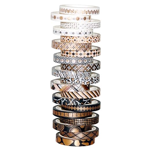 YUBBAEX 20 Rolls Washi Tape Set Black Gold Foil Print Decorative Tapes for Arts, DIY Crafts, Bullet Journals, Planners, Scrapbook, Wrapping (Skinny Black Gold x 20 Rolls)