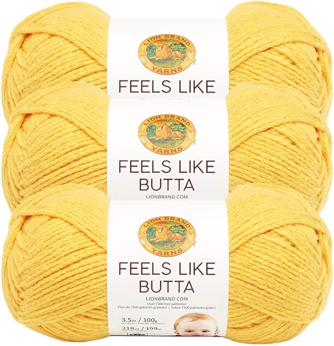 Lion Brand Yarn, Feel Like Butta Velvety Soft Yarn for Knitting, Crochet, and Crafts, Yellow, 3 Pack, Chenille Like Fiber for Plush Baby Blankets, Amigurumi Toys, and Worsted Weight Sweaters