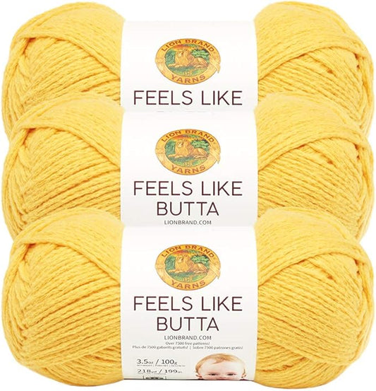 Lion Brand Yarn, Feel Like Butta Velvety Soft Yarn for Knitting, Crochet, and Crafts, Yellow, 3 Pack, Chenille Like Fiber for Plush Baby Blankets, Amigurumi Toys, and Worsted Weight Sweaters