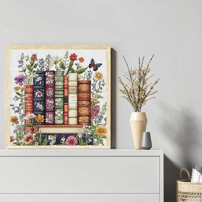KYOQFVN Flower Stamped Cross Stitch Kits - Book Counted Cross Stitch Kits for Beginners, Needlepoint Cross-Stitch Patterns Dimensions for Home Decor 14×14 Inch
