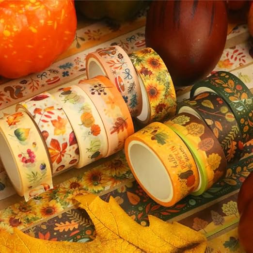 Autumn Washi Tape Set 10 Rolls - Autumn Leaves Pumpkin Sunflower Fall Decorative Tape for Bullet Journal, Planner, DIY Arts Crafts, Scrapbooking