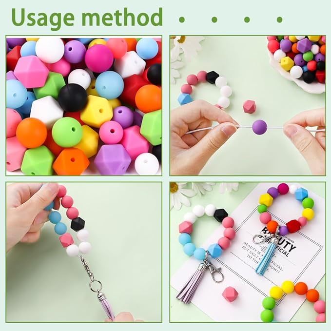 131 PCS Silicone Beads for Keychain Making Kit,12mm 15mm Round 14mm Polygonal Rubber Beads Multicolor Bulk Silicone Loose Beads for DIY Necklace Bracelet Jewelry Making Supplies