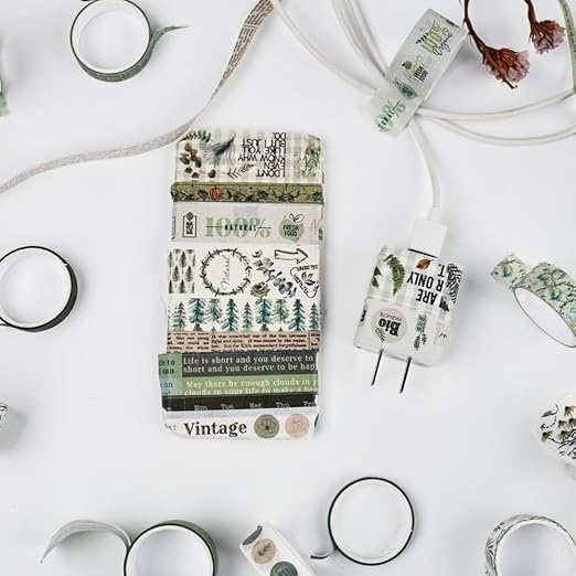 Washi Tape Set, 20 Rolls, Plant Botanical Green Washi Tape for Journaling, Decorative Tape for Scrapbooking, Junk Journal Supplies, Bullet Journaling