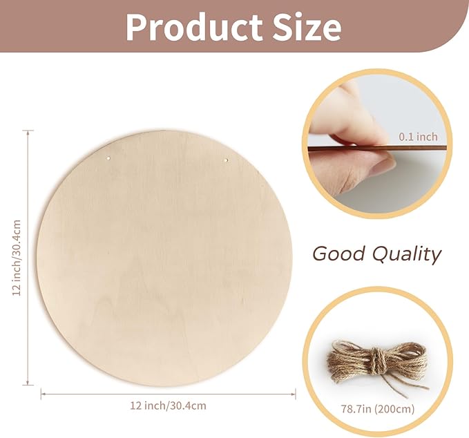 12 Inch Unfinished Wood Circles for Crafts, Wood Rounds Plaques for Cricut Crafts, Wooden Discs for Door Hanger Sign, Painting, Wood Burning, Christmas Home Décor(4Pcs Circle with Holes)