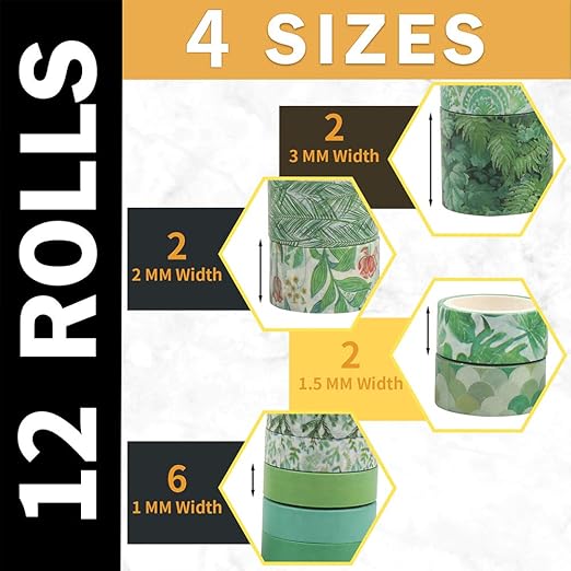 CCINEE 12 Rolls Green Washi Tape Set,Tropical Greenery Leaves Masking Tape for Bullet Journal Scrapbooking Planners Craft Supply