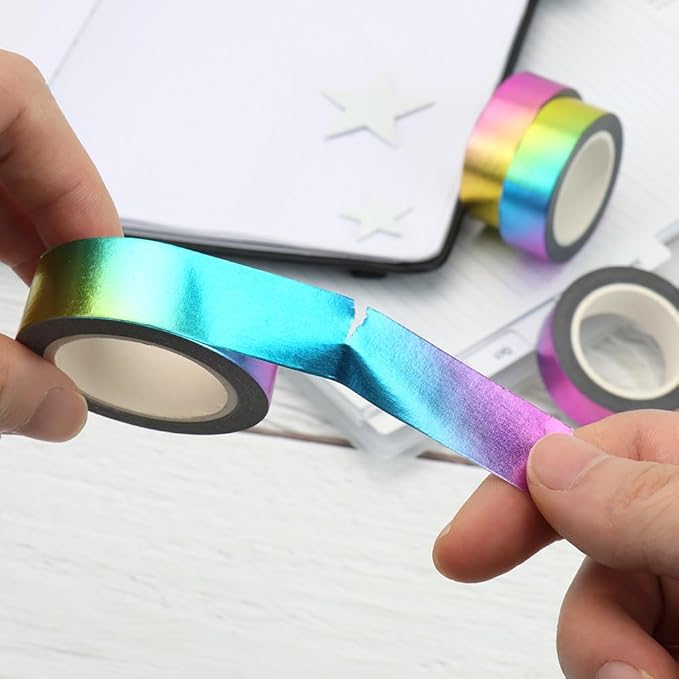 MEI YI TIAN 6 Rolls Solid Rainbow Foil Washi Tape Set 15mmx10m Metallic Paper Adhesive Masking Tapes Holographic Sticky Paper Tape for DIY Scrapbooking Journal Crafts Art Home Decoration