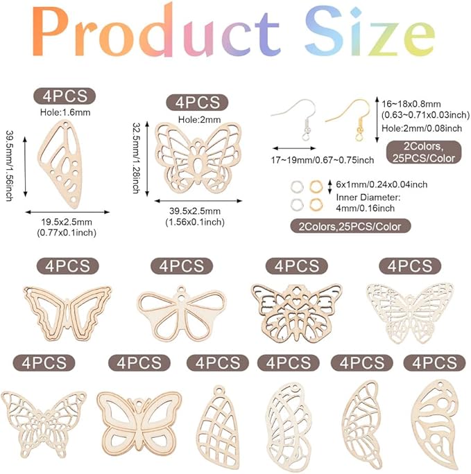 48pcs Wood Butterfly Charms Unfinished Natural Wood Filigree Wing Pendants & 50pcs Earring Hooks & 50pcs Jump Rings for Boho Earring DIY Jewelry Making