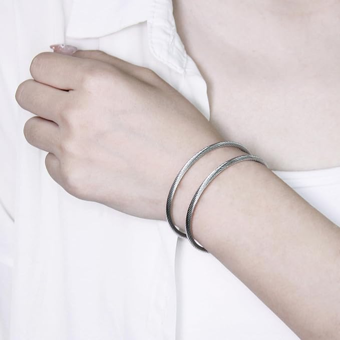 10 Pcs Elastic Charm Bracelet Chain Stainless Steel Cable Wire Twisted Cuff Bangle Bracelet Sliver Charm Bracelets Kit for Crafts DIY Women Jewelry Making