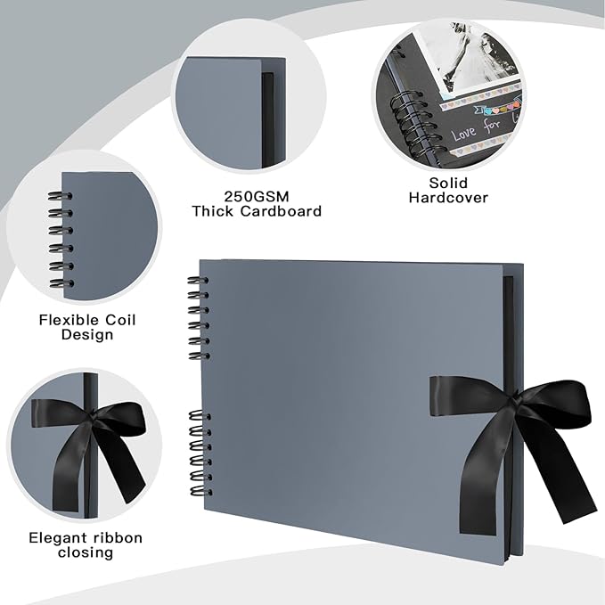 EVNEED 11.5 x 8.5 Inch Scrapbook Photo Album,Wedding Guest Book Anniversary Memory Scrapbooking,Wedding Photo Album with DIY Accessories Kit for Craft Paper DIY,80 Pages (40 Sheets),Grey