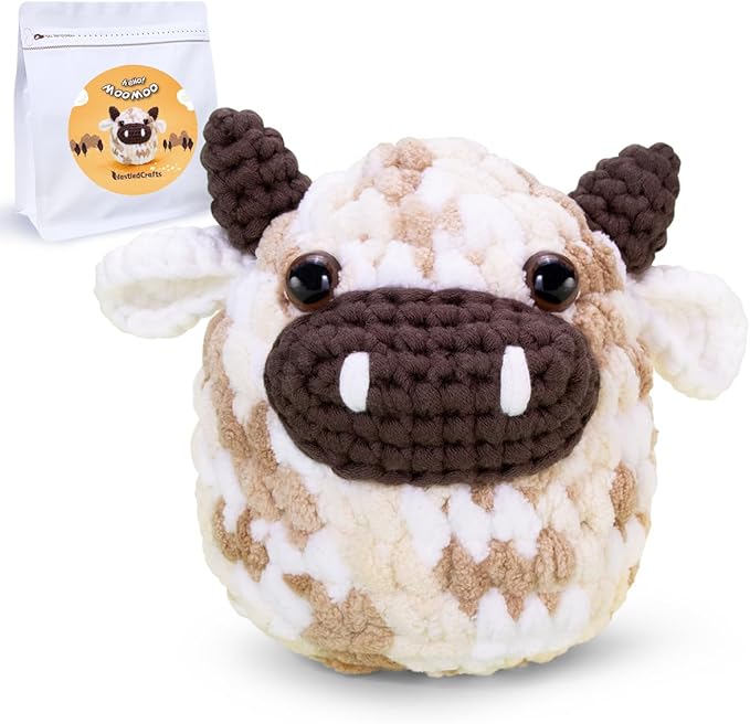 NestledCrafts Crochet Kit for Beginners, Animals Amigurumi Crochet Starter Kit with Step-by-Step Video Tutorial, Easy Knitting Set for Kids Adults, Lovely Cow - MooMoo