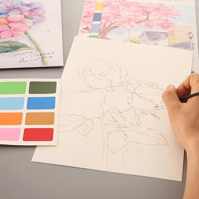 11.5" x 8.5" Watercolor Workbook for Adults, Easy Nature Scenes Paint Coloring Book Paint, Water Coloring Book with 4 Floral Drawings 2 Pigment Card and 1 Brush (Bouquet)