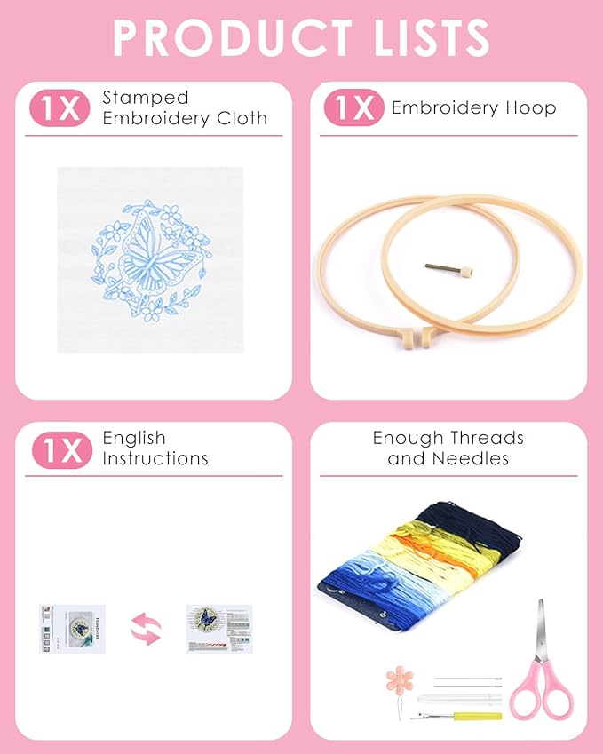 TINDTOP Embroidery Kit for Beginners Adult, Butterfly Embroidery Kit for Beginners Include Embroidery Cloth Hoops Threads for Craft Lover Hand Stitch with Embroidery Skill Techniques