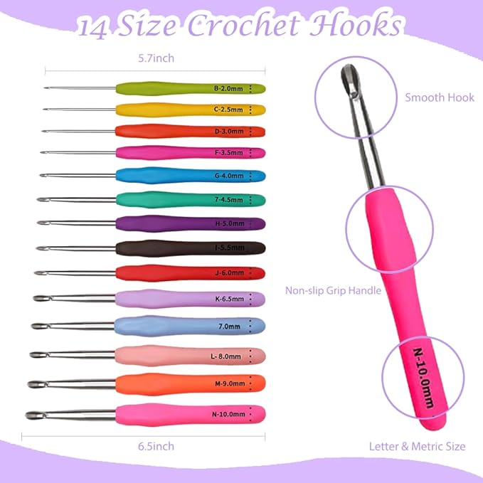 yarniss crochet kits for beginners with instruction, all-inclusive crochet set include 840 yards yarn&14 sizes crochet hooks, crocheting kit for adult with bag,purple