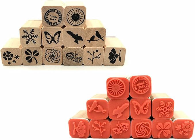 Diary Stamp Set,Wooden Rubber Signet for Children DIY Scrapbooking Planner Album Card Making(12pcs,Natural Elements)