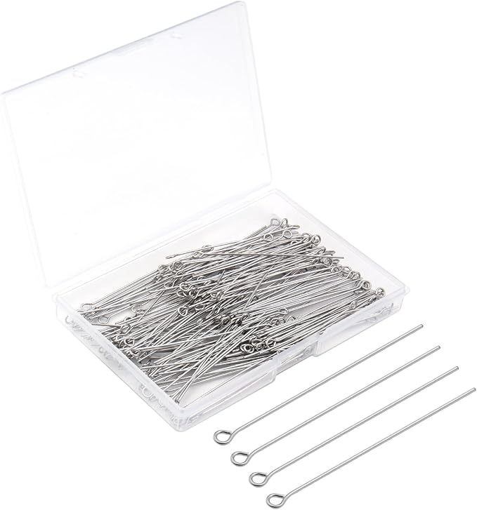 200 Pcs 50mm Straight Eye Pins for Craft Earring Bracelet Necklace Pendant DIY Jewelry Making, Platinum Color