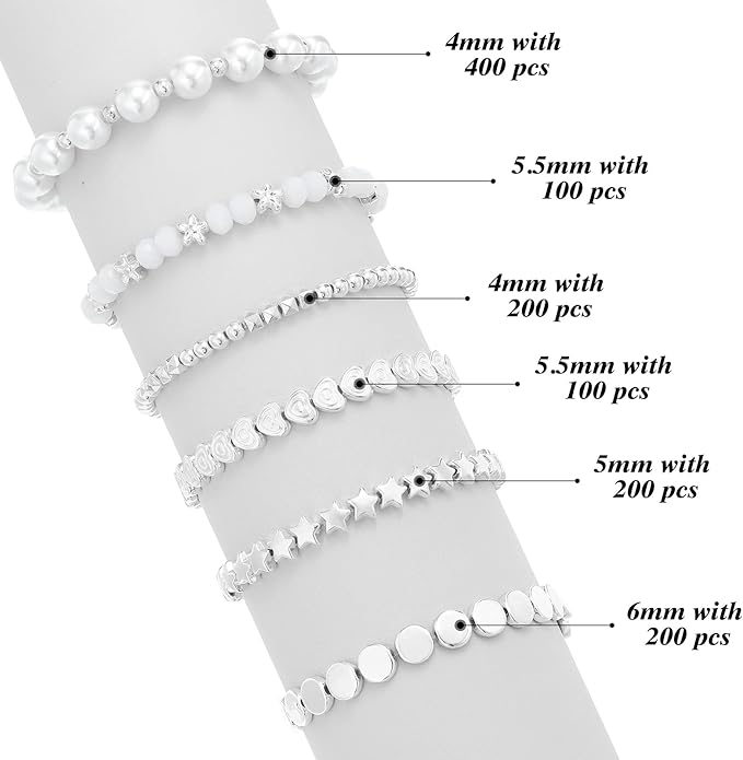 Hicarer 1200 Pieces White Spacer Beads Set Bead Bracelet Making Kit for Jewelry Making Assorted Star Round Flower Pony Beads for Friendship Bracelets DIY Crafts Gifts