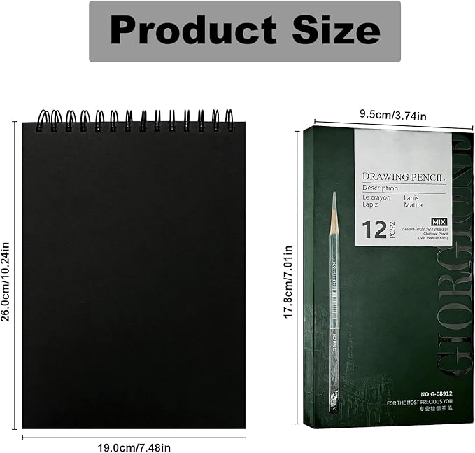 Sketchbook and Pencil Set - Spiral Bound Hardcover with 60 Sheets & 12 Charcoal Pencils (Hard/Medium/Soft) for Professional Artists and Beginners