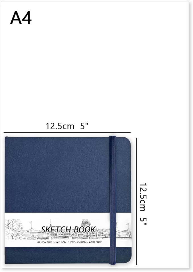 5" x 5" Hardcover Sketch Book,Small Mixed Media Sketch Pad,58 Sheets 150GSM Acid-Free Artist Drawing Paper,Travel Journal Blank Notebook for Adults Painting,Illustration,Art Supplies.Dark Blue